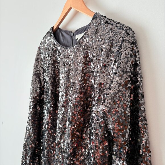 H&M Sequin Party Long Sleeve Dress Dark Grey Gunmetal Black NWT Size Small - Picture 3 of 7